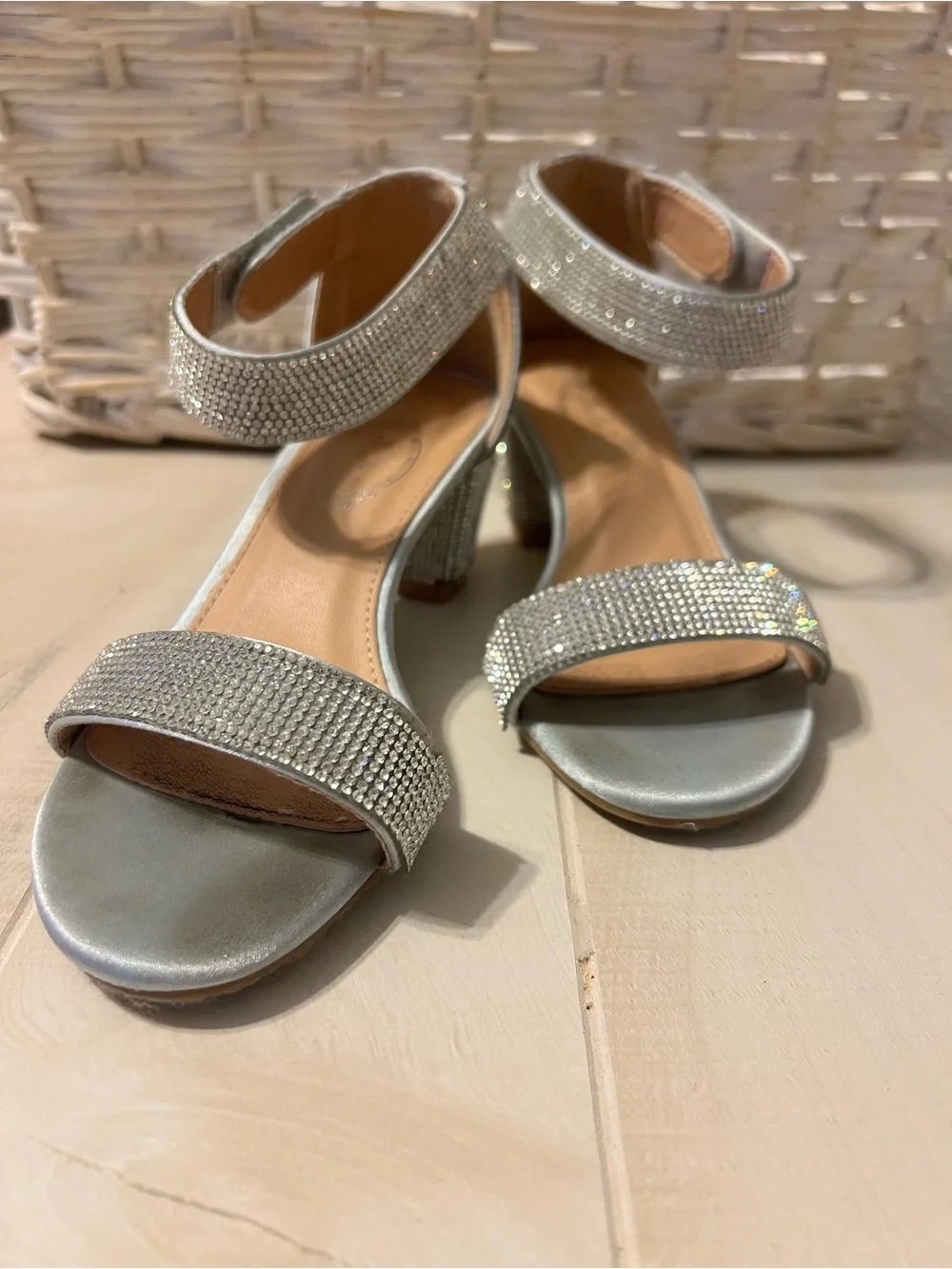 Silver Crystal Ankle-Strap Block Heel Sandals